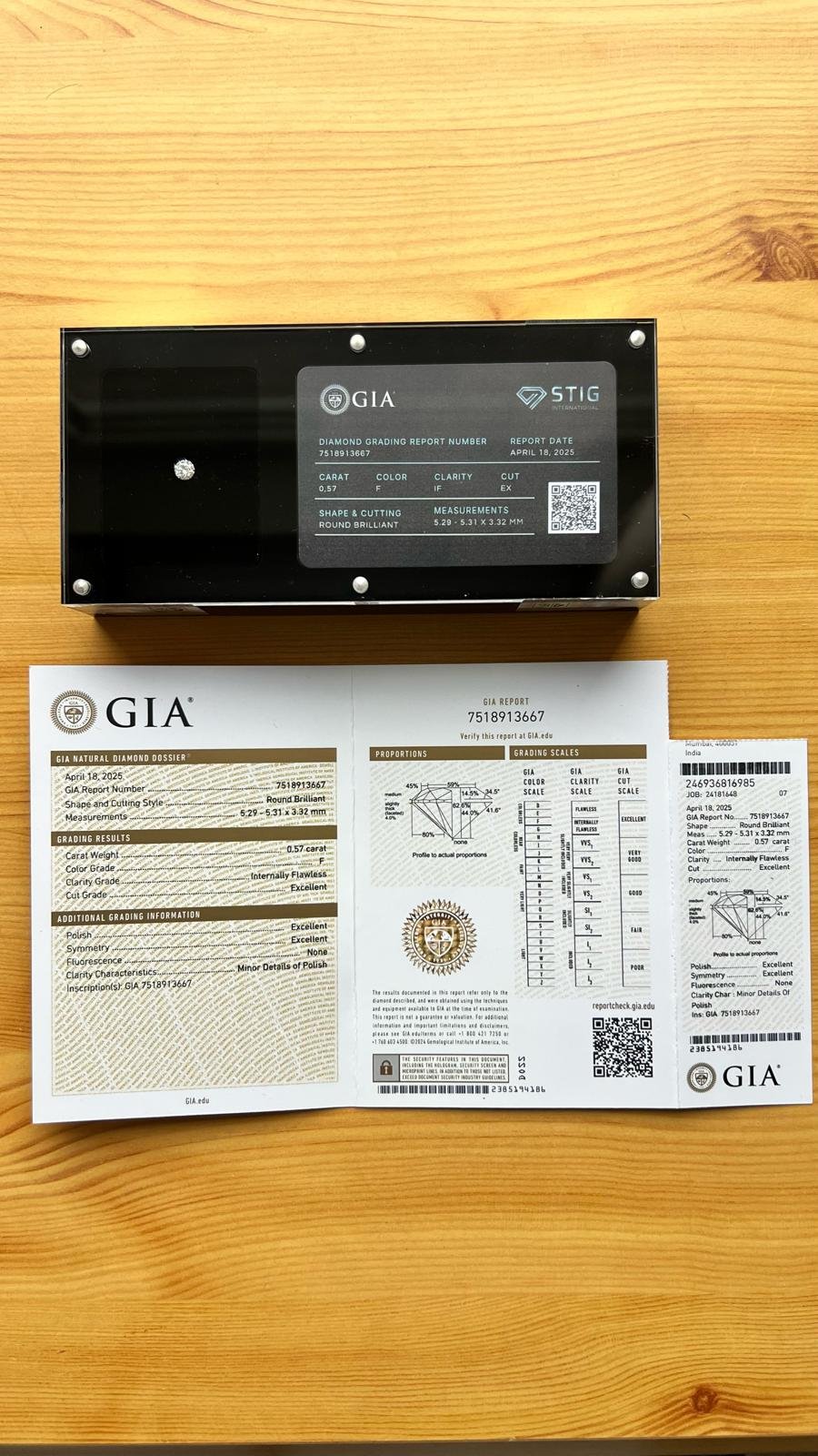 Diamond with GIA certification documentation